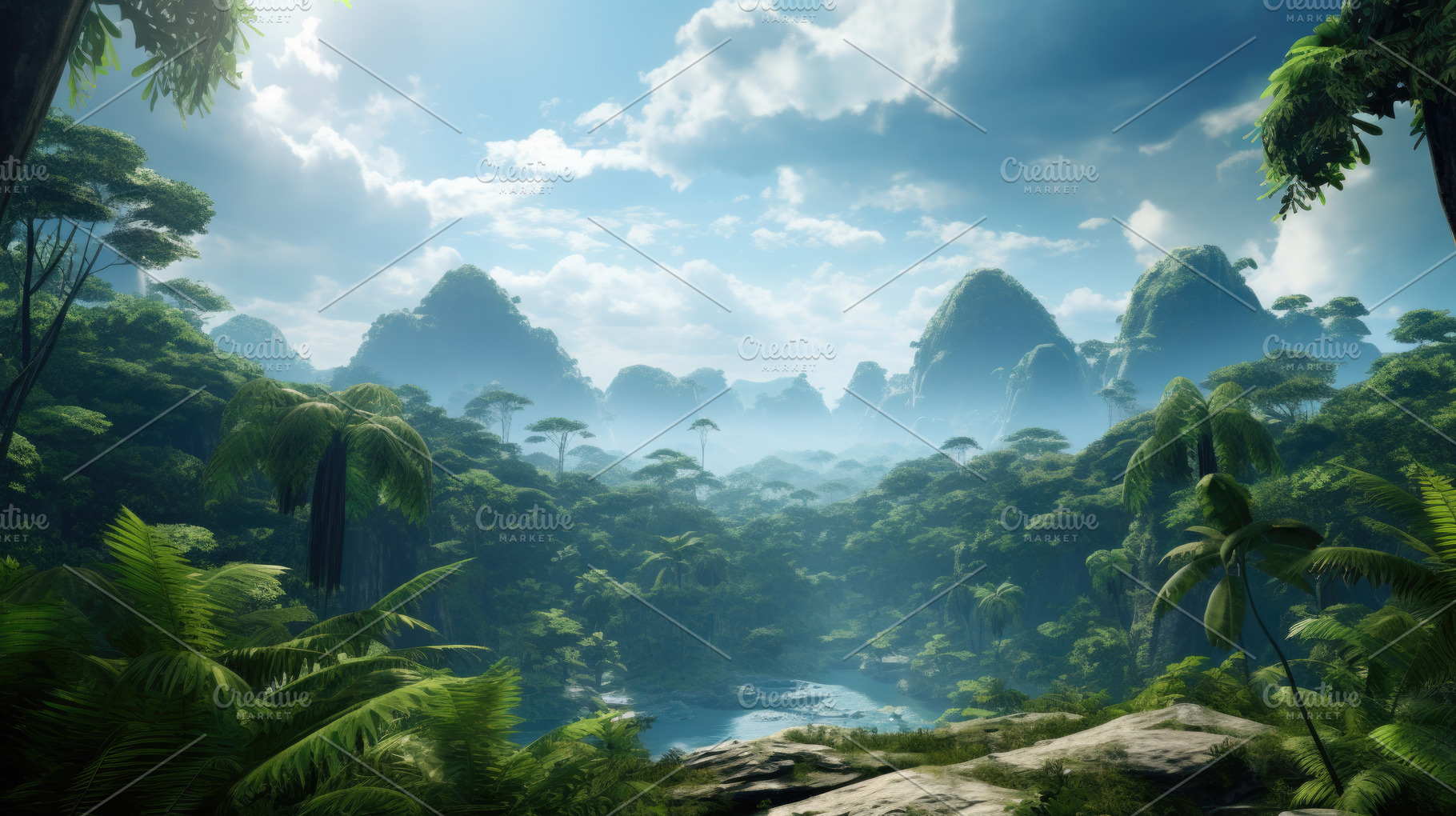 Tropical jungle with river and mountains under blue sky natural, a Photo by Dvoevnore photos