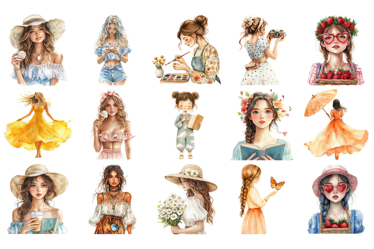 Dreamy Summer Girl Clipart Set, an Illustration by Craft Nest (Photo 3 of 4)