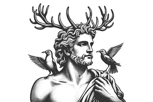 Mythical Antlered Man With Birds