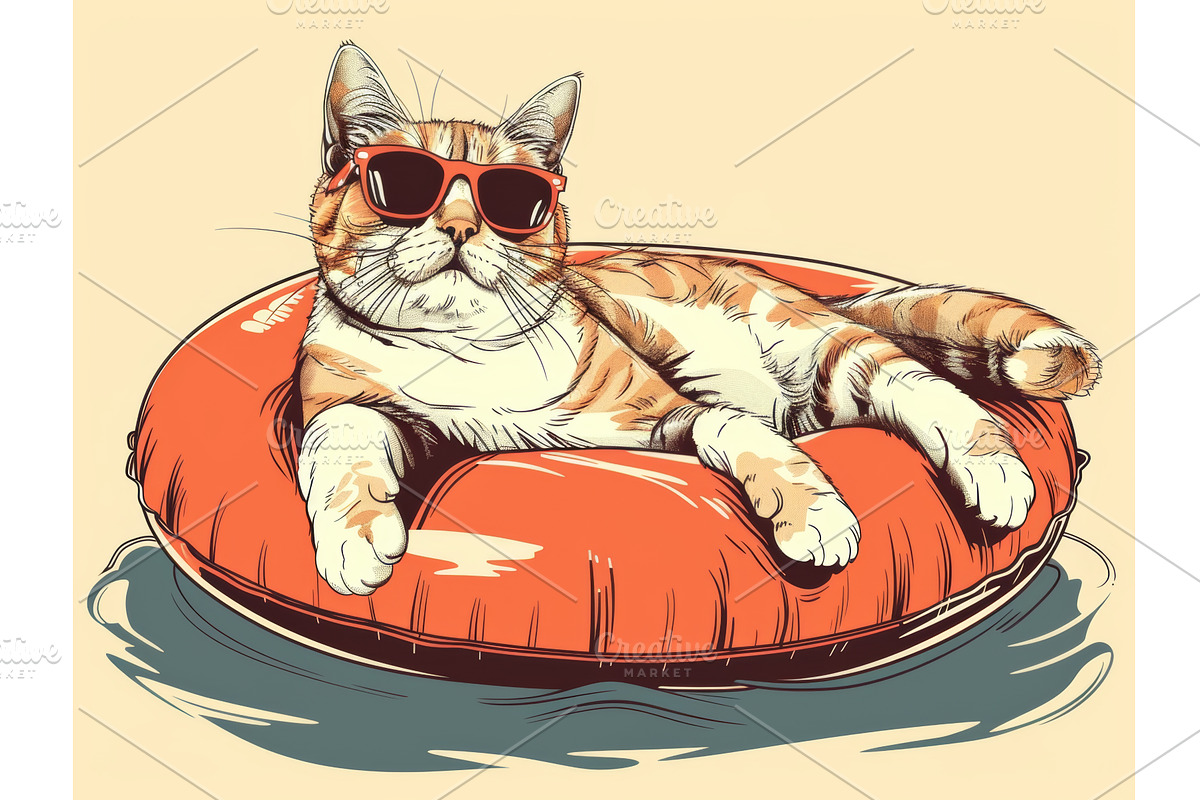 Cool Cat Relaxing on Inflatable Pool, an Illustration by tilialucida