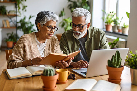 Elderly couple with books studying together in a library