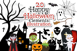 20 Set Halloween Elements Vector