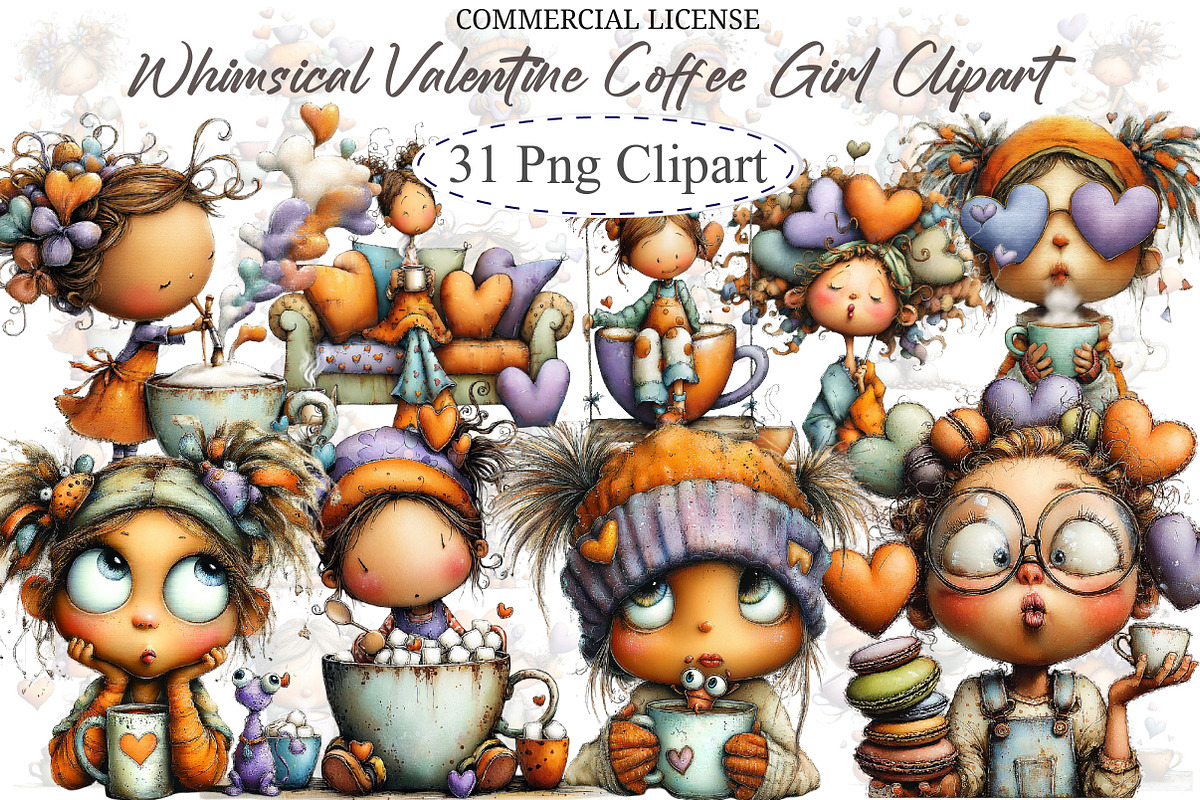 Whimsical Valentine Coffee Girl Clip, an Illustration by designcity5 (Photo 1 of 5)