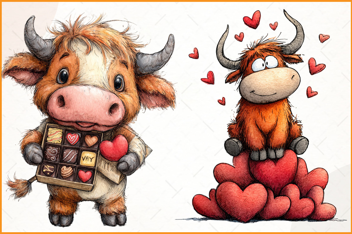 Valentine Highland Cow Clipart, an Illustration by Watercolor design (Photo 2 of 4)