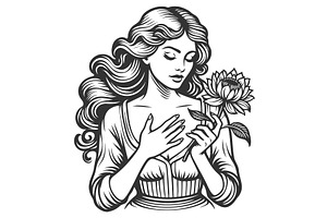 woman holding flower to heart vector, a Person Illustration by AlexArt
