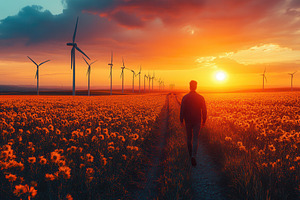 Beautiful sunset over a field of flo, a Photo by Tanuart