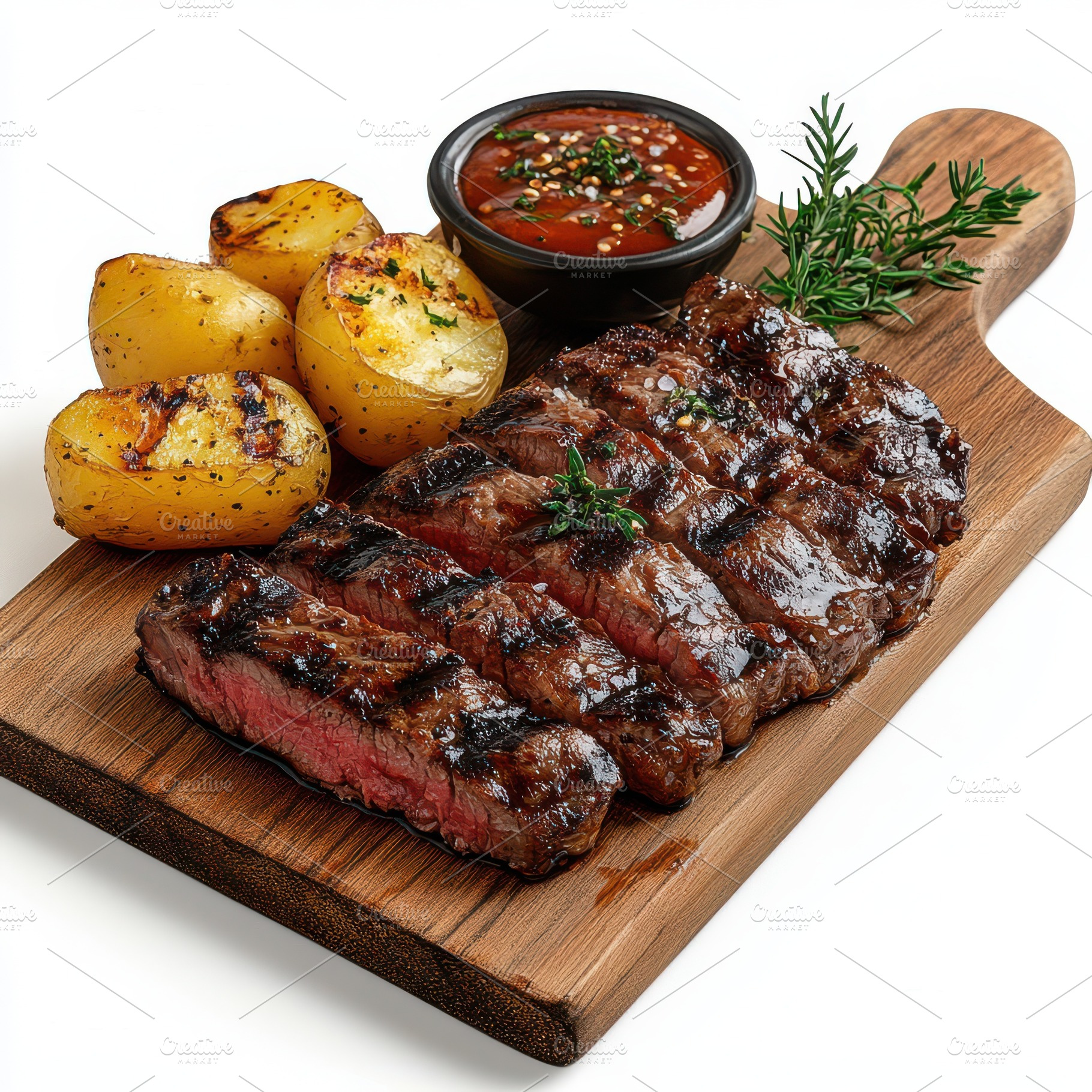 Sliced grilled meat steak with sauce, a Food & Drink Photo by Pixeness Studio