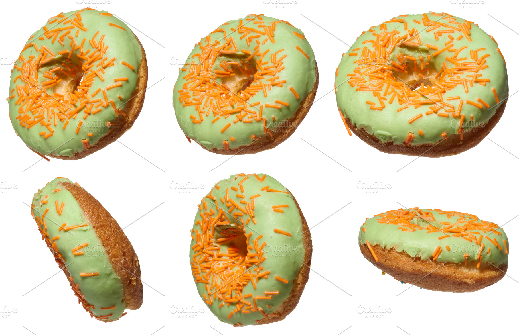 Green glazed donuts, each topped with orange sprinkles, presente, a Food & Drink Photo by ndanko