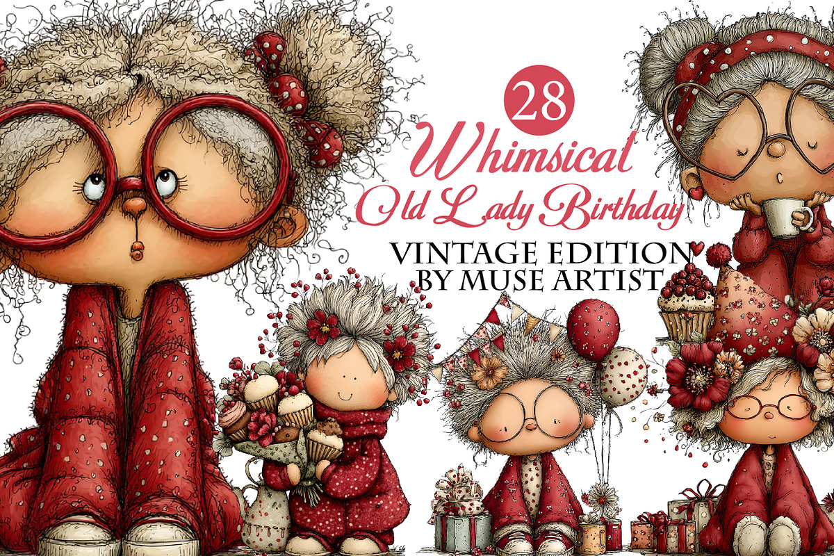 Whimsical Old Lady Birthday Clipart, an Illustration by DreamArtGraphic (Photo 1 of 8)