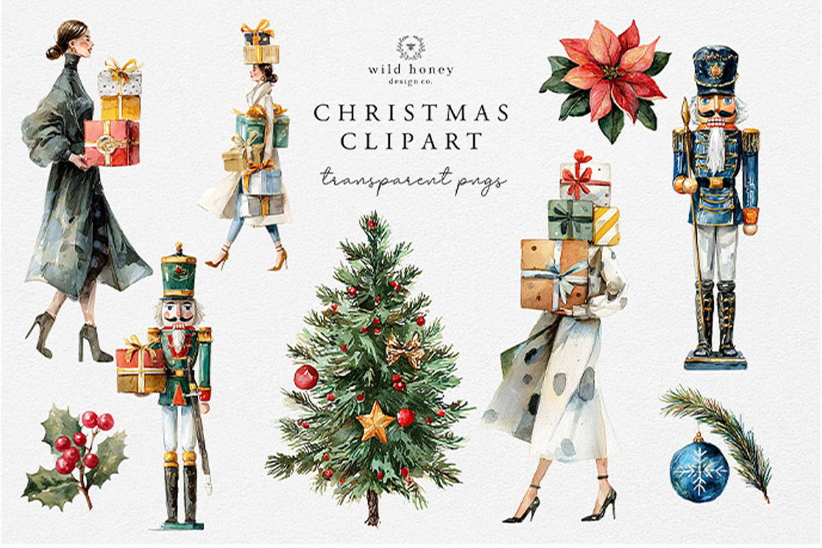 Christmas Watercolor Clipart Bundle, a Seasonal Illustration by Wild Honey Design Co. (Photo 1 of 6)