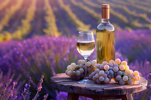 Bottle and glass of white wine and grape bunch in a lavender fie, a Photo by AlyaAnd