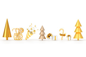 3D Christmas Icon Set. Gold Trees