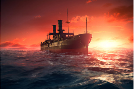 Ship sails ocean sunset marine, a Transportation Photo by Ylivdesign