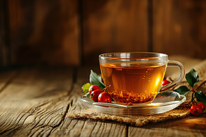 Glass with rose hip tea on wooden background, a Food & Drink Photo by AlyaAnd