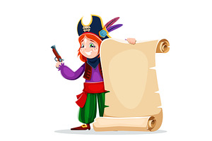 Cartoon kid girl pirate with scroll, a Person Illustration by Vector Tradition