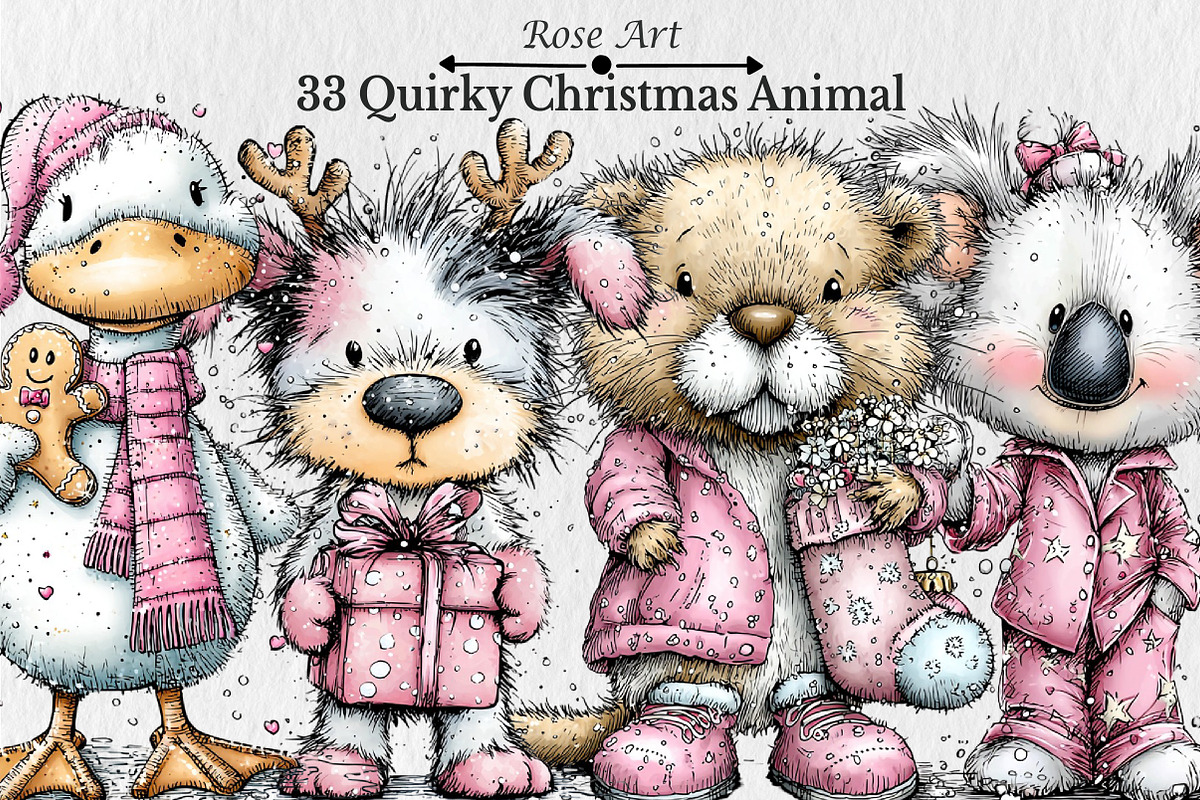 Quirky Pink Christmas Animal Clipart, an Illustration by Rose Art (Photo 1 of 7)