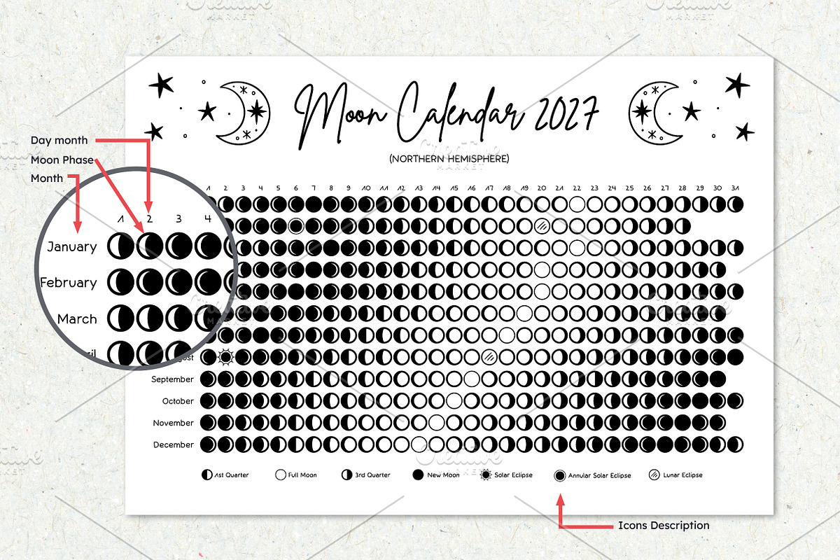 2027 Moon Calendar B&W Northern, a Poster Template by insemar (Photo 3 of 5)