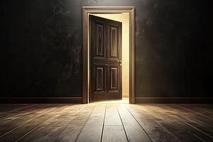 Mysterious dark room with wood door, an Architecture Photo by MistyDay