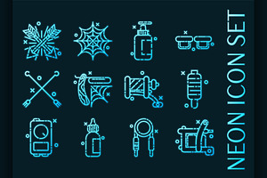 Tattoo Set Icons. Blue Glowing Neon