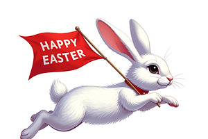 White rabbit running while holding flag with happy easter phrase, an Animal Illustration by DanFLCreativo