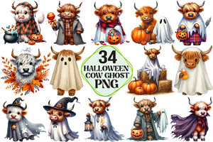 Halloween Highland Cow Ghost Clipart, an Illustration by Pixels.Craft