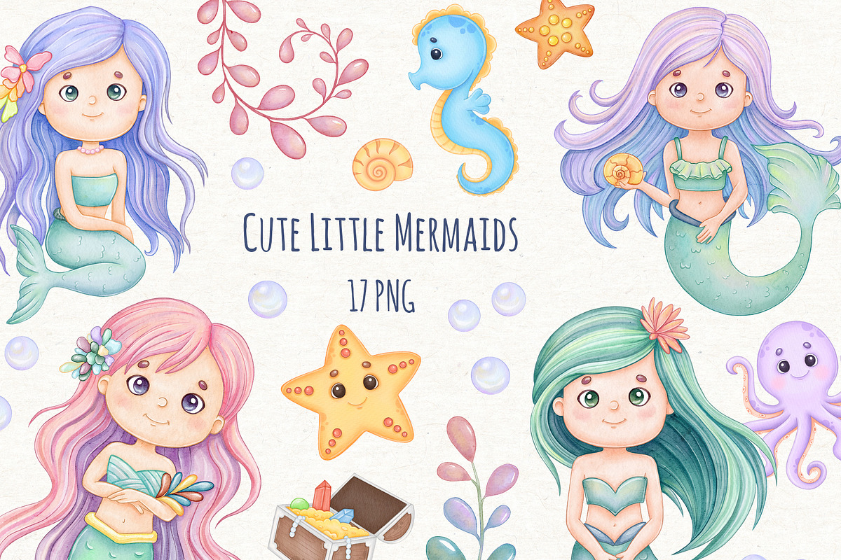 Little Mermaid Watercolor Clipart, an Animal Illustration by ekossa_art (Photo 1 of 5)