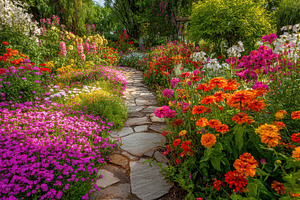 Colorful flowers line a stone path, a Photo by Pavel_design