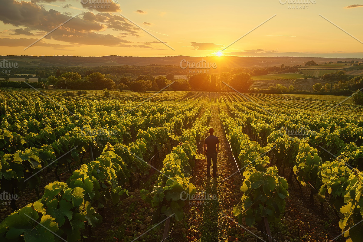 Man walking in scenic vineyard at sunset with lush fields and hills, an Illustration by AS photostudio
