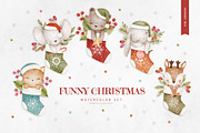 FUNNY CHRISTMAS watercolor set, an Animal Illustration by erasovas (Thumbnail 1 of 8)