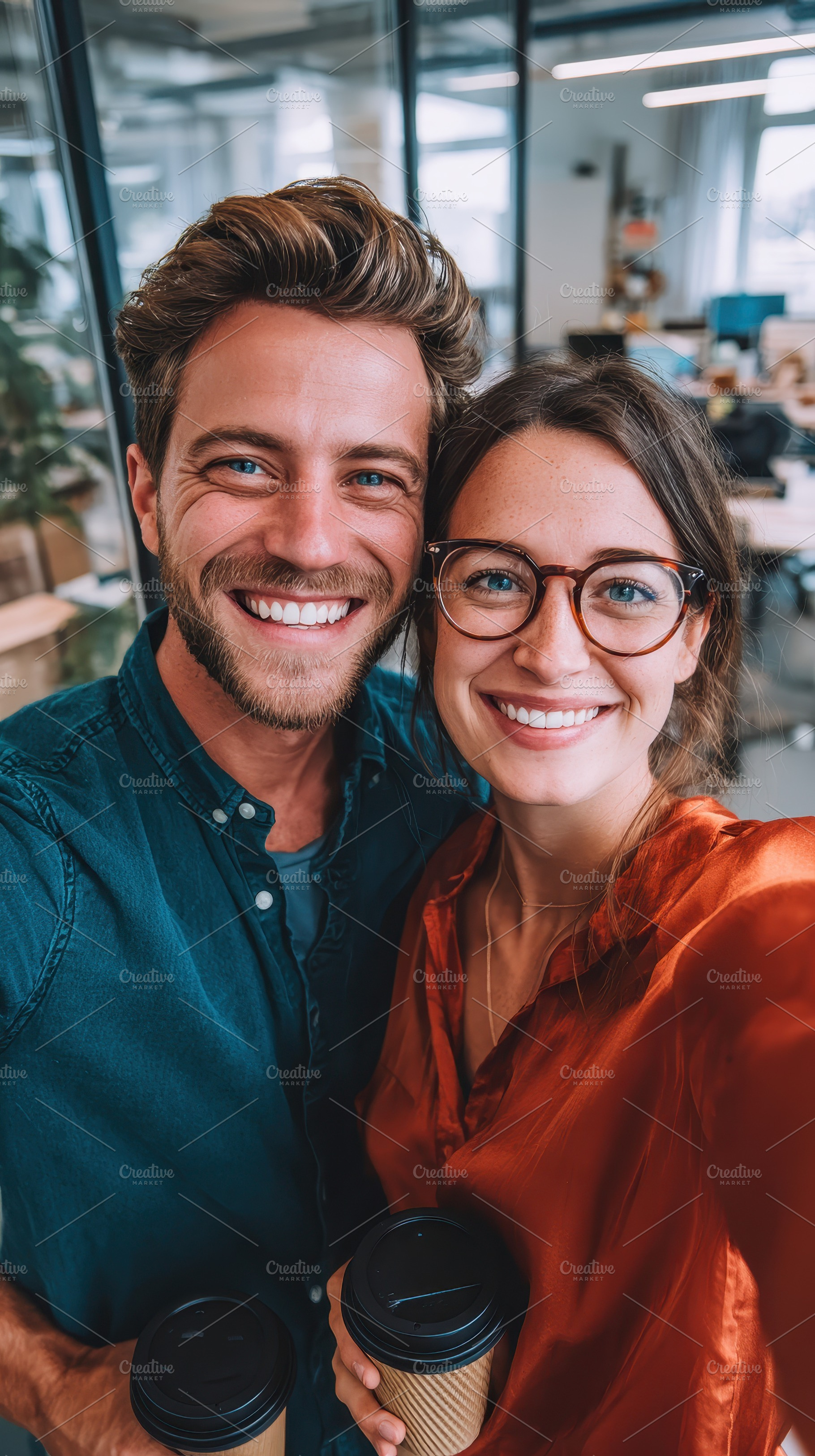 Happy couple smiling selfie office c, a Photo by Pixeness Studio
