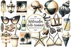 Ivory and Black Hello Summer Clipart, an Illustration by OK Design