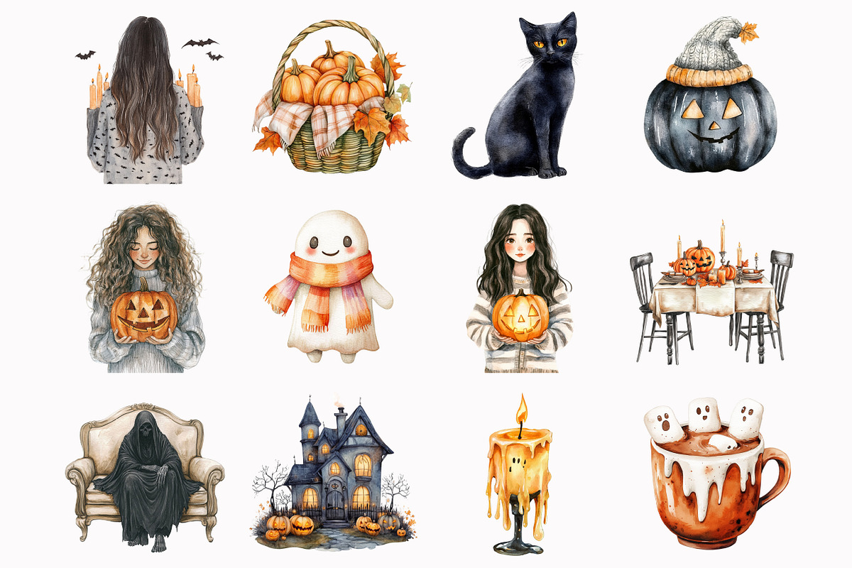 Watercolor Cozy Halloween Clipart, an Illustration by Design Market (Photo 2 of 4)