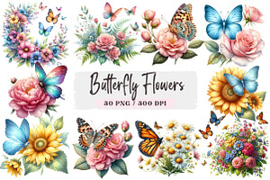 Butterfly Flowers Watercolor Clipart, an Illustration by DreamArtGraphic