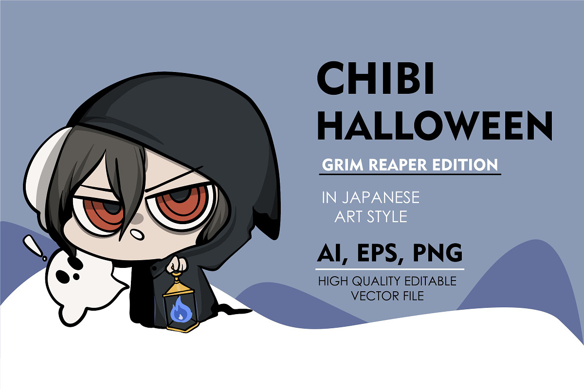 Halloween Grim Reaper Chibi Anime 5, an Illustration by vectstudio (Photo 1 of 3)