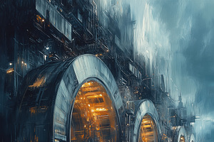 A futuristic underwater facility with large, glowing circular doors partially s, a Technology Illustration by Textures & Backgrounds