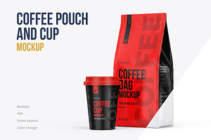 Coffee Pouch Half Side & Cup Mockup