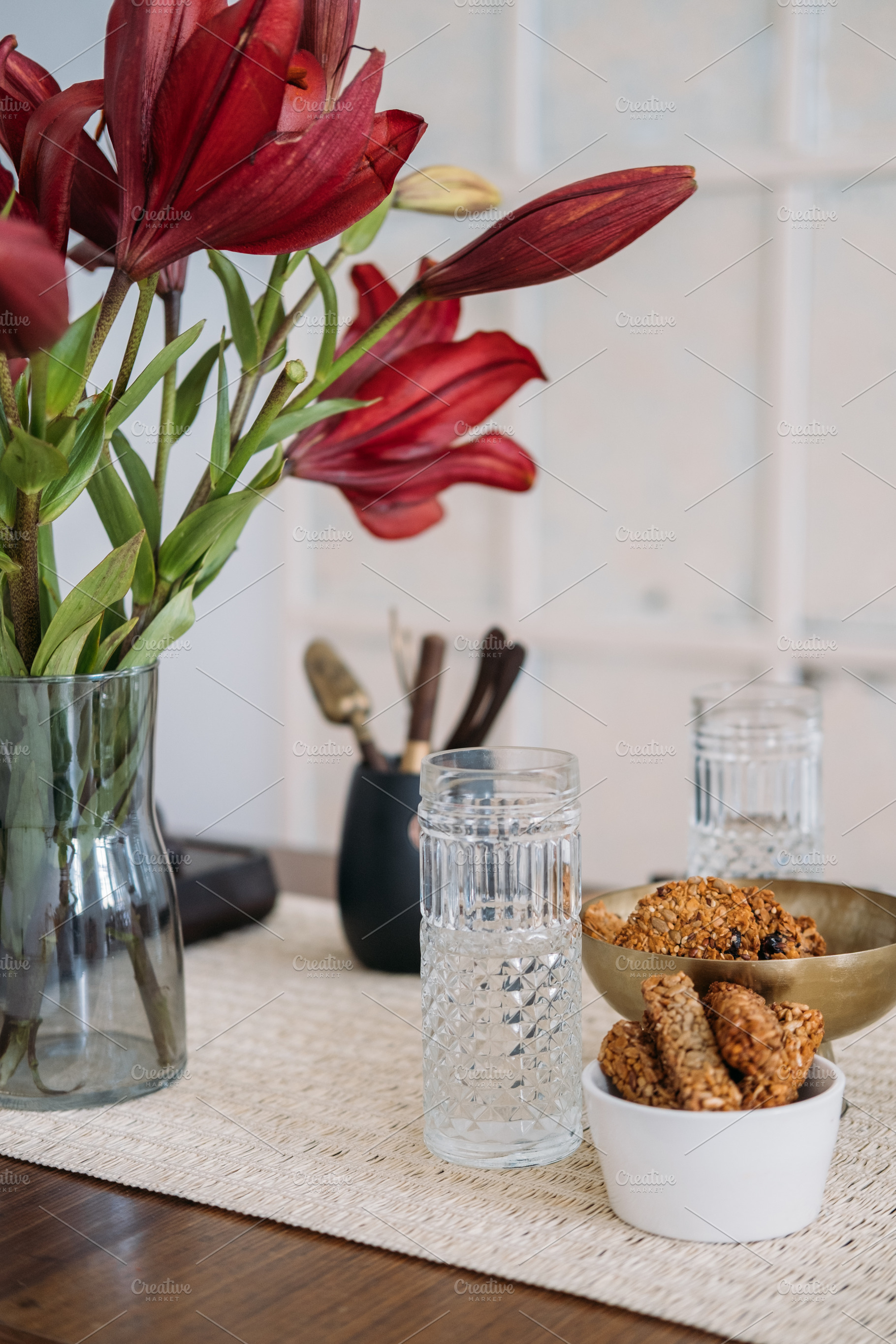 Morning snack tea time oatmeal snack glass flower, a Food & Drink Photo by Photo Drive Studio