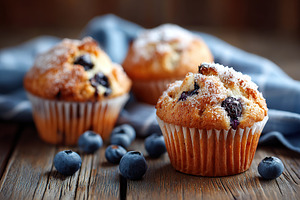 Delicious blueberry muffins with sugar crust on a rustic wooden table, a Food & Drink Photo by AlyaAnd