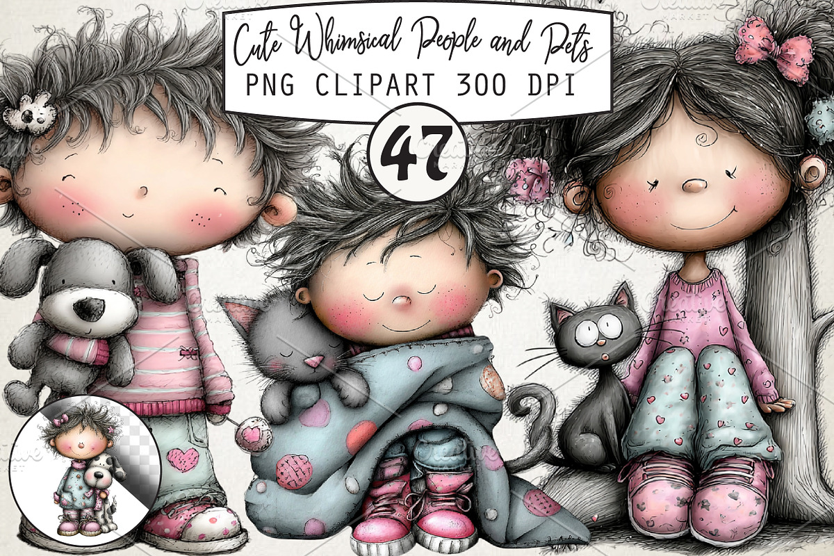 Cute Whimsical People and Pets Bundl, an Illustration by RobertsArt (Photo 1 of 7)