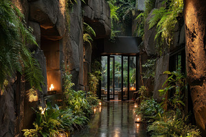 Luxurious indoor garden path with ro, an Abstract Photo by Pixeness Studio