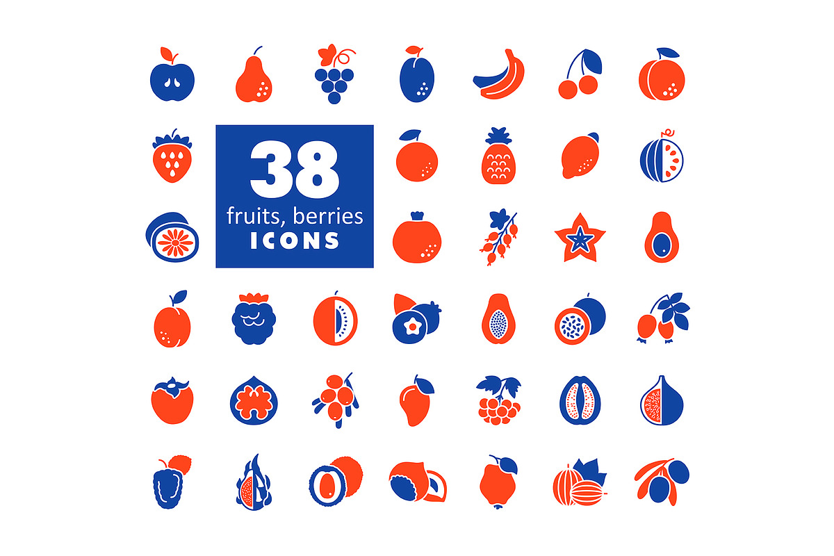 38 Fruits and Berries icons set, a Solid Icon by Nasik-Nosik