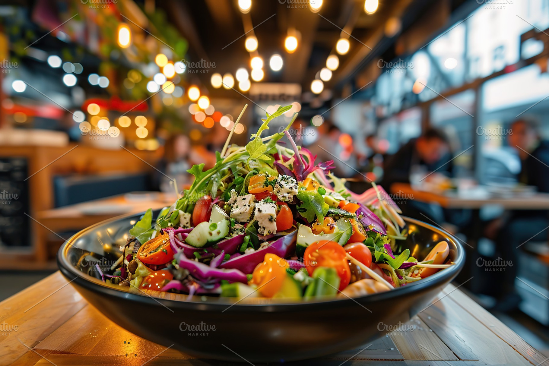 Healthy salad bowl on the table in modern restaurant, a Food & Drink Photo by AlyaAnd