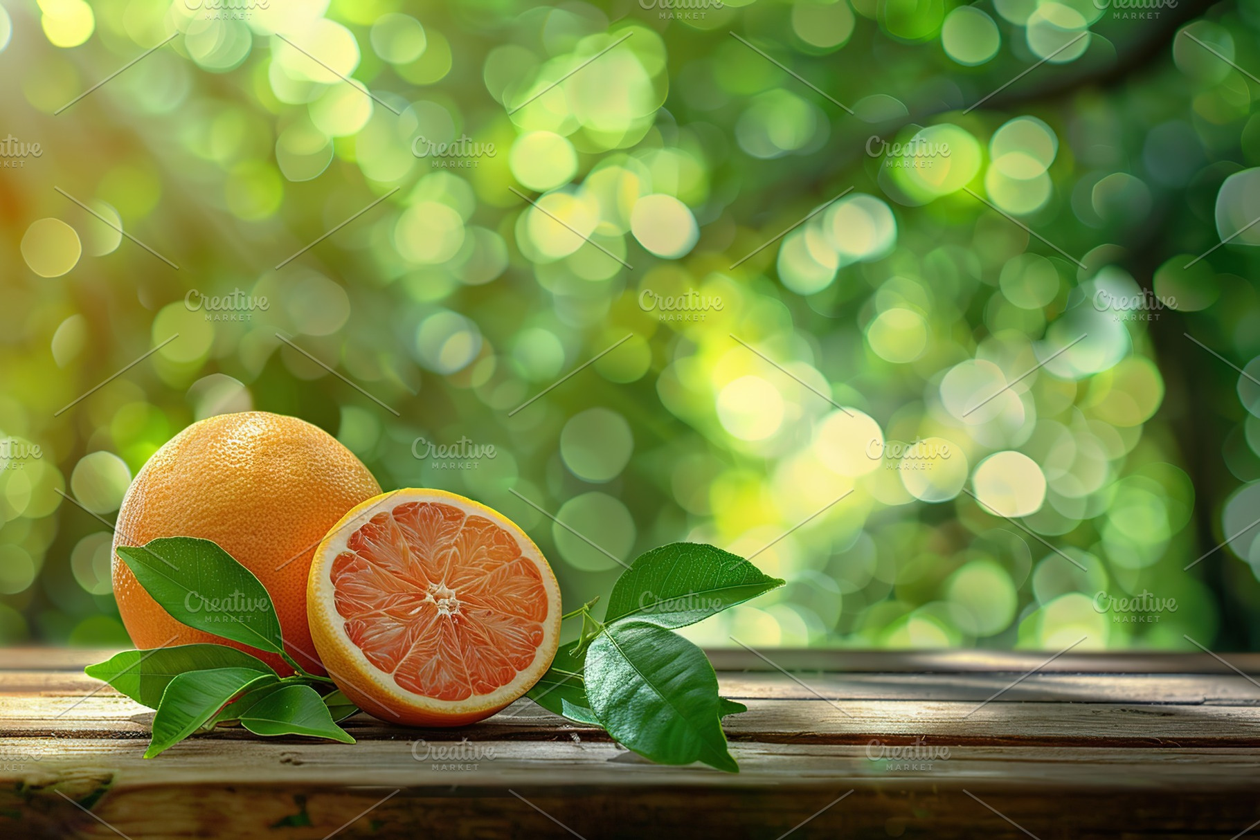 Fresh and tasty grapefruits with green leaves on blurred green background, a Food & Drink Photo by AlyaAnd