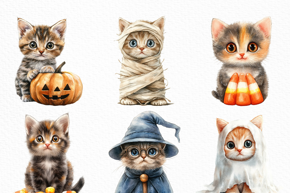 Watercolor Halloween Kitten Clipart, an Illustration by Craft Nest (Photo 3 of 6)