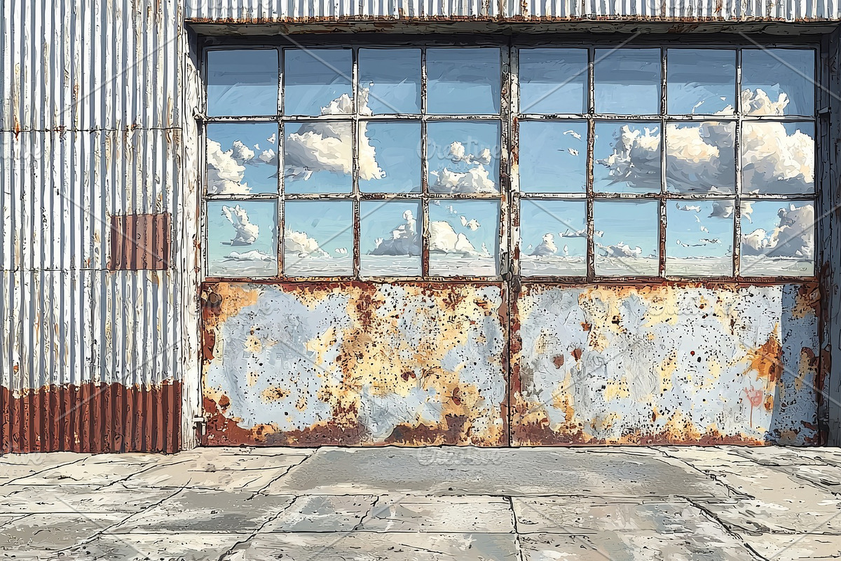 Rustic metal garage exterior with reflection of clouds in glass panel doors, an Illustration by AS photostudio