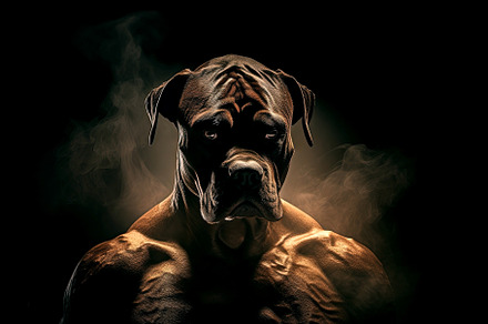 Portrait of a dangerous dog on black background. Generative Ai, a Photo by Ales Munt
