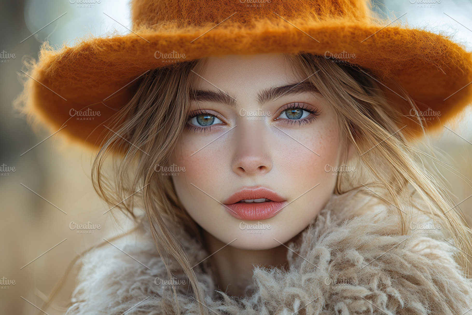 Beautiful woman with natural makeup in cozy fur and vibrant orange hat outdoors, a Person Photo by AlyaAnd