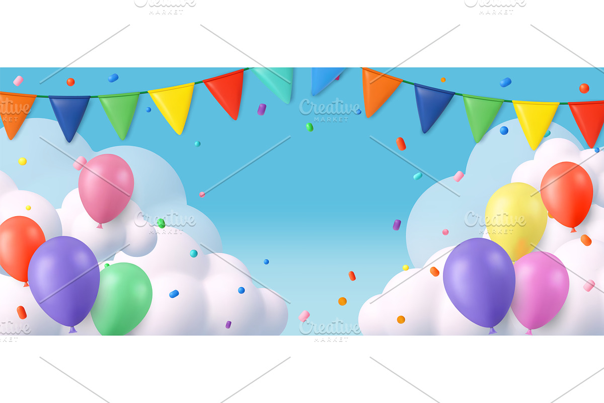 3d Colorful balloons and bunting in, a Texture Illustration by ModVector