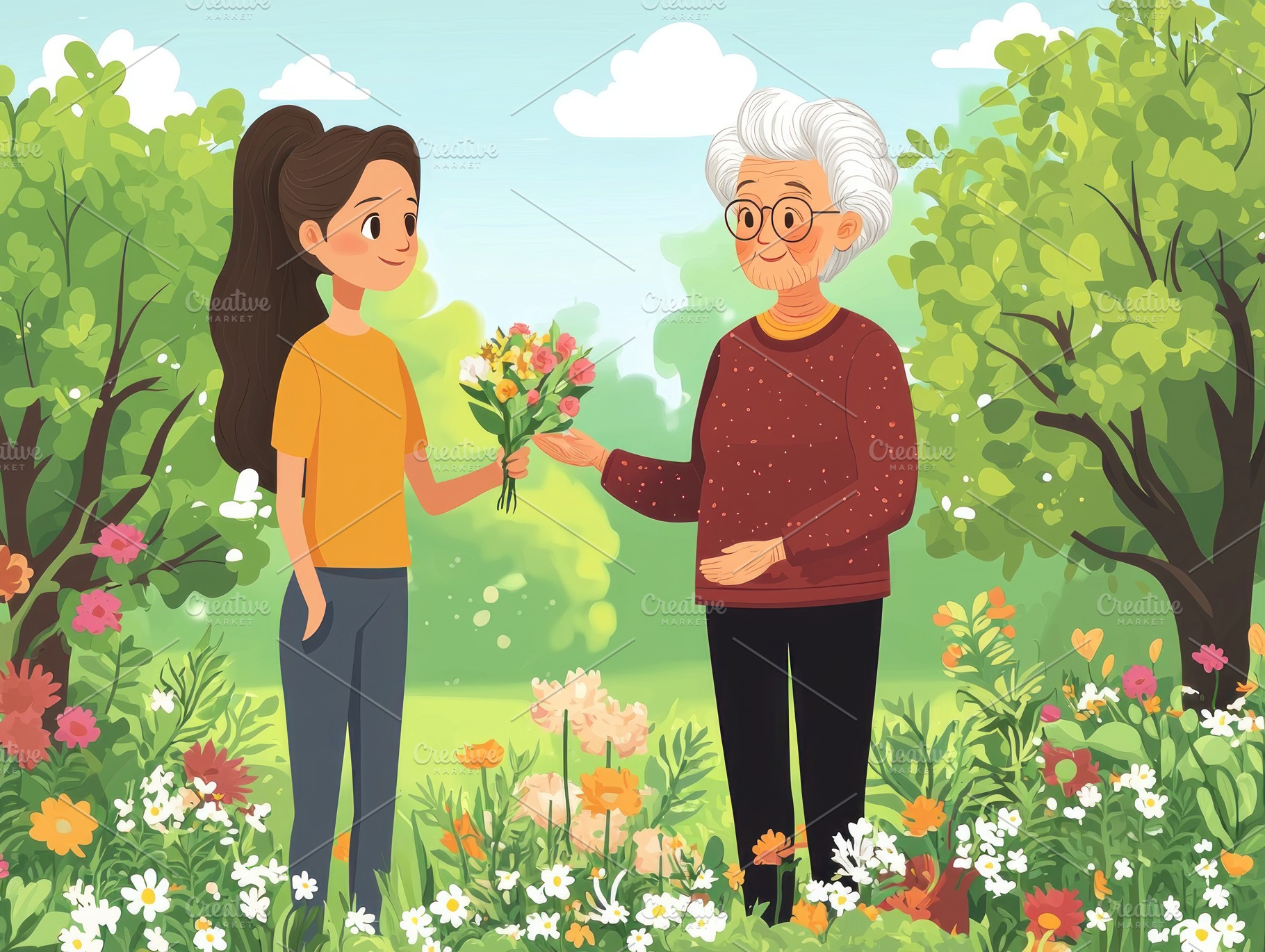 Young girl giving bouquet of tulips to elderly woman in blooming, a Nature Photo by José Manuel Gelpi