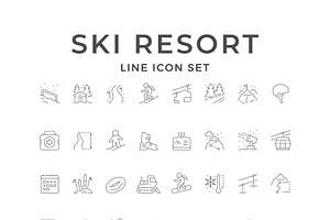 Set Line Icons Of Ski Resort